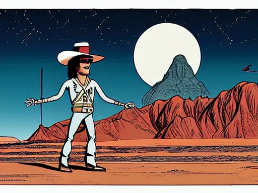 Image similar to a detailed illustration photorealistic of the Lone Ranger in the wild west town. flat colors, limited palette in FANTASTIC PLANET La planète sauvage animation by René Laloux