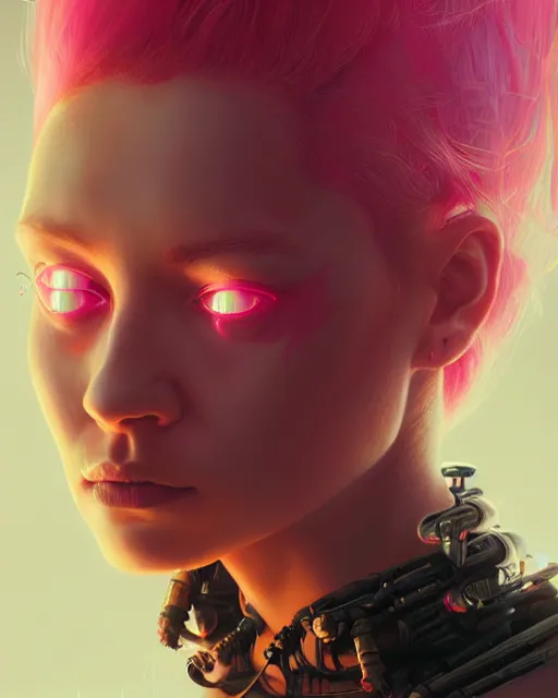 Prompt: portrait of a beautiful woman with pink hair as a cyberpunk cyborg, sci - fi, missing panels, intricate abstract upper body intricate artwork, by tooth wu, wlop, beeple, dan mumford. concept art, octane render, deviantart, greg rutkowski, cinematic, key art, hyperrealism, iridescent accents