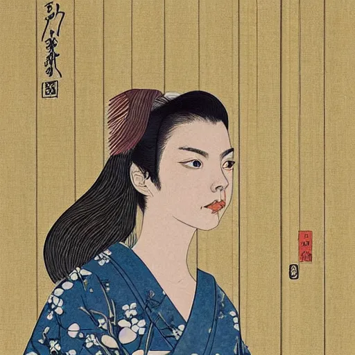 Image similar to “ anya taylor - joy portrait by ikenaga yasunari and ayana otake and ko rakusui, 6 0 s poster, drawing, realistic, sharp focus, japanese, dreamy, nostalgia, faded, golden hues, floral clothes, porcelain skin ”