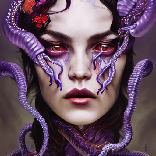 Image similar to art portrait of a furious girl with purple tentacles on her head, 8 k, by tristan eaton, stanley artgermm, tom bagshaw, greg rutkowski, carne griffiths, trending on deviantart, face enhance, hyper detailed, full of colour,