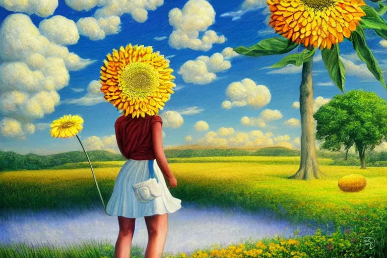 Image similar to giant daisy flower head, woman walking, surreal, clouds in sky, impressionist painting, digital painting, artstation, rob gonsalves