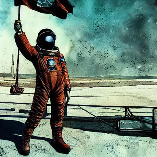 Image similar to [Leather and rust cosmonaut holding a checkered flag, very detailed, cinematic lighting, matte, sharp, photography, art by enki bilal]