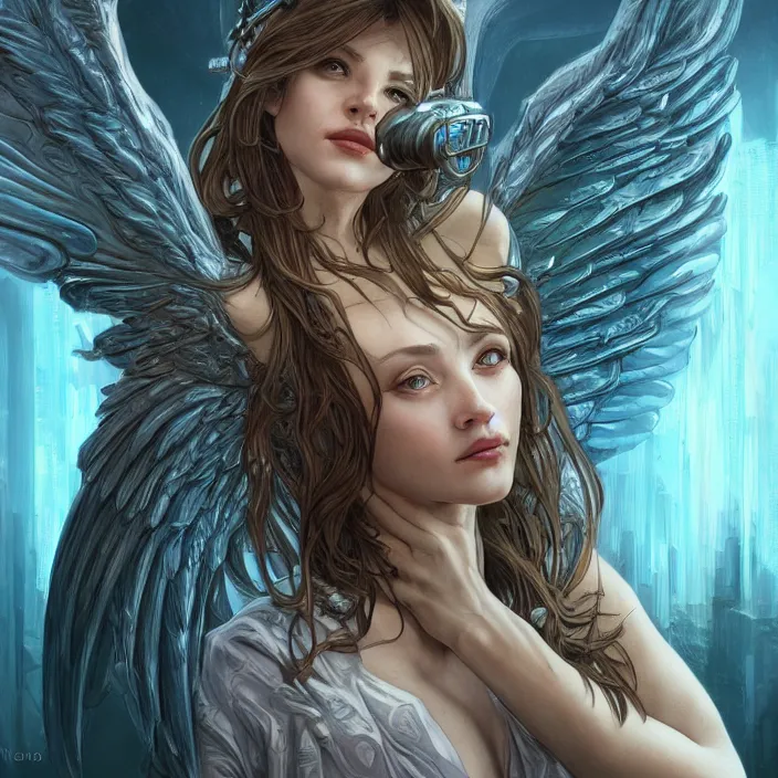 Prompt: Frightening biblically accurate angel with cyberpunk wings, digital painting, 4k, HDR, concept art, detailed wings, smooth, sharp focus, illustration, art by Artgerm, H R Giger and Alphonse Mucha