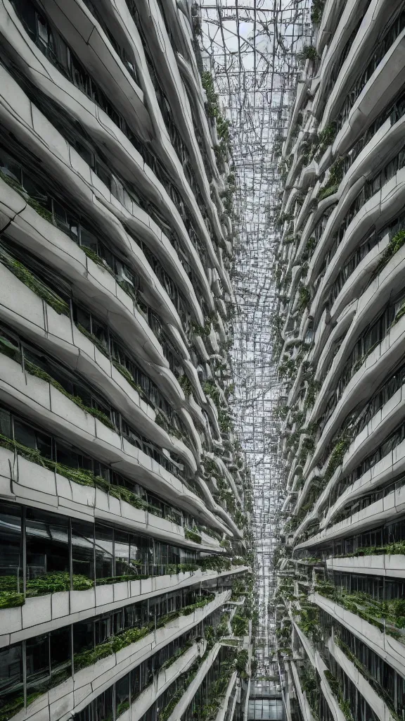 Prompt: photo in style of andreas gursky and piranesi. many men and women standing in biopunk timber and glass futuristic building in a urban setting. hyper realistic. cloudy morning. mossy buildings have deep tall balconies with plants, trees. thin random columns, large windows, deep overhangs. greeble. 8 k, volumetric lighting.