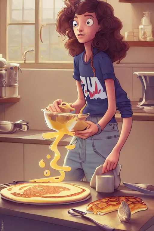 Prompt: millie brown making pancakes, animation pixar style, by pendleton ward, magali villeneuve, artgerm, rob rey and kentaro miura style, golden ratio, trending on art station