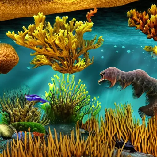 Prompt: underwater life during the cambrian, teeming with life, insane details, ultra realistic, photo
