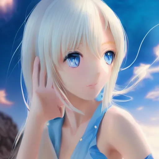 Prompt: picture : a beautiful young blond anime girl, sky blue eyes, bikini, white miniskirt, highly detailed, cinematic wallpaper by stanley artgerm lau