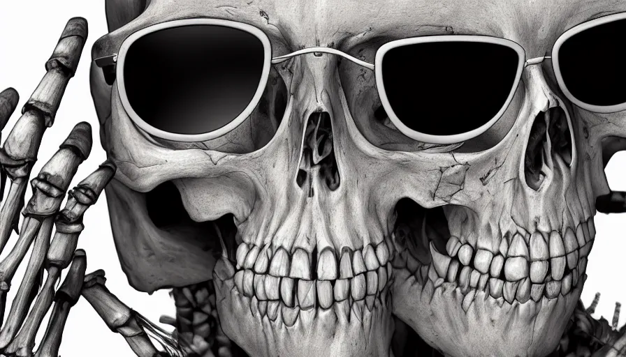 Prompt: Digital art of a skeleton with sunglasses, hyperdetailed, artstation, cgsociety, 8k