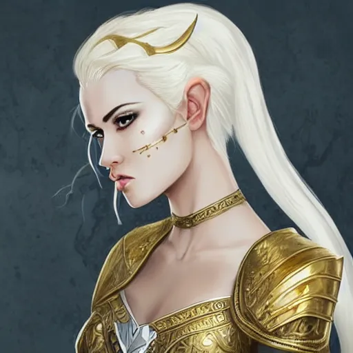 Prompt: side portrait!!! of a female elven warrior, fantasy, head tilted down, white hair, gold armour, gold jewelry, white skin, detailed face, trending on artstation, gsociety, D&D, elegant, highly detailed, sophisticated, hyperrealistic!!!!!, detailed illustration, smooth, sharp focus, upper body, intricate, rule of thirds, holy glow, backlit, hd 4k by Greg Rutkowski, Charlie Bowater, Karol Bak