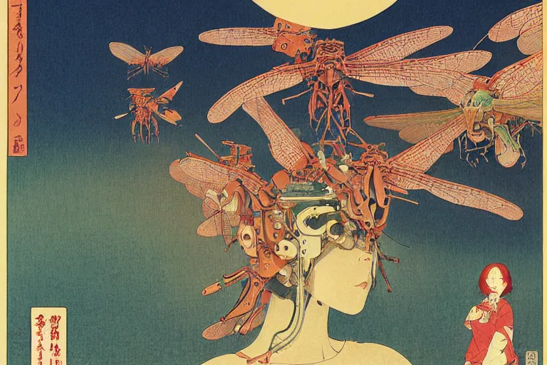 Image similar to gigantic dragonflies with human faces catch tiny robots, a lot of exotic mechas robots around, human heads everywhere, risograph by kawase hasui, dirtyrobot, edward hopper, satoshi kon and moebius, colorful flat surreal design, super - detailed, a lot of tiny details, fullshot