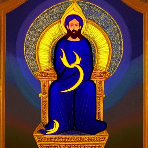 Image similar to what looked like a throne of lapis lazuli, and high above on the throne was a figure like that of a man. waist up, he looks like glowing metal, as if full of fire, and that from there down he looked like fire ; and brilliant light surrounded him. like the appearance of a rainbow in the clouds on a rainy day.