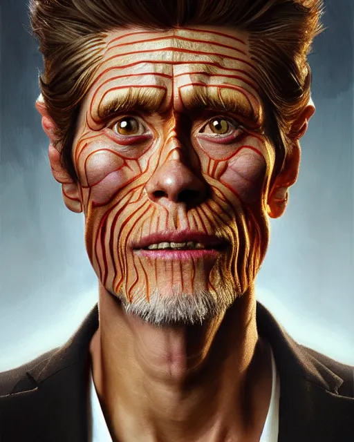 Image similar to portrait of willem dafoe looking at pizza, upper half portrait, decorated with chinese opera motifs, asian, bian lian, traditional chinese art, intricate, elegant, highly detailed, symmetry, digital painting, artstation, concept art, smooth, sharp focus, illustration, art by artgerm and greg rutkowski and alphonse mucha, 8 k