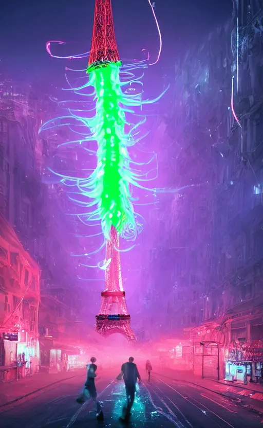 Image similar to giant larva with tentacles attacks and destroys and blows up the eiffel tower in glowing colorful luminous slime, dark foggy streets with white neon signs, running and screaming people, futuristic, dramatic, ultra - realistic, landscape, perspective, hight detailed, no blur, 8 k