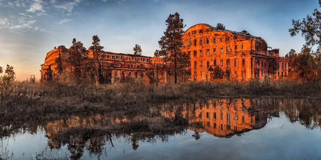 Image similar to abandoned huge building in shape of skull, puddles of water, trees, sunrise, orange glow, by greg rutkowsky and ivan shishkin,