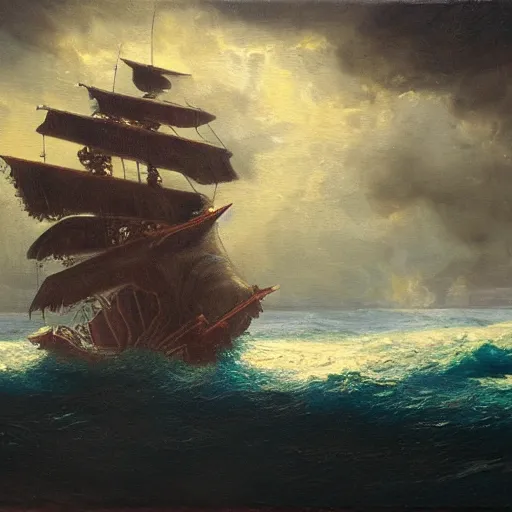 Prompt: sea monster, pulling a galleon into the depths of a dark ocean, oil painting, from far away