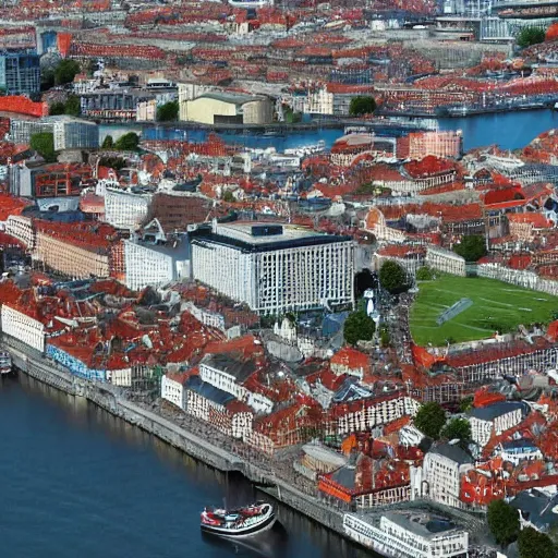 Prompt: photo taken from high up of a giant dog destroying copenhagen