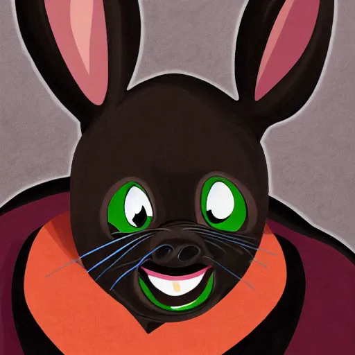 Image similar to A extremely highly detailed majestic hi-res beautiful, highly detailed head and shoulders portrait of a scary terrifying, horrifying, creepy black cartoon rabbit with scary big eyes, earing a shirt laughing in the style of Walt Disney