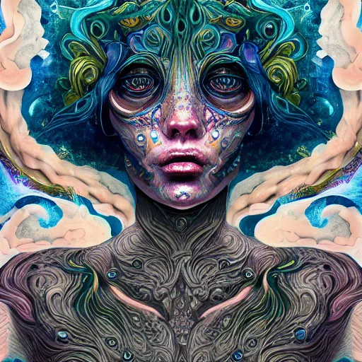 Prompt: An extremely psychedelic portrait of deep sea goddess, surreal, LSD, face, detailed, intricate, elegant, lithe, highly detailed, digital painting, artstation, concept art, smooth, sharp focus, illustration