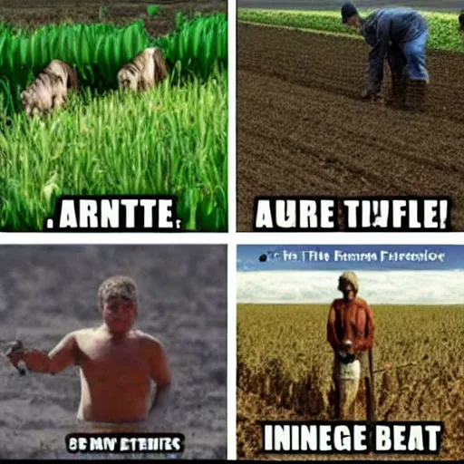 Image similar to Meme about ancient times, hunter-gatherer vs the average agriculture user