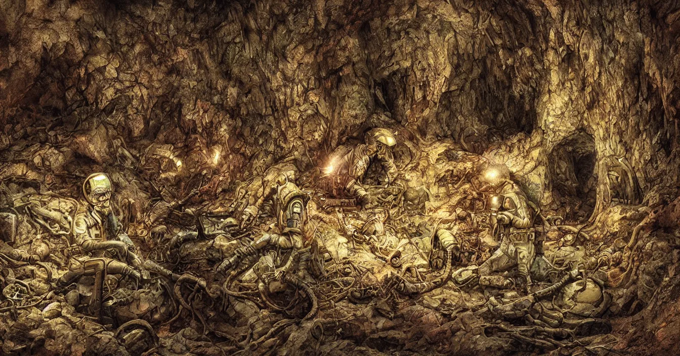 Prompt: futuristic archaeologist excavating buried ugly alien nest hidden in deep dark wet cave, deep sense of horror atmosphere, visual fidelity and plasticity, depth defocus, digital art, horror colors, in style of franklin booth