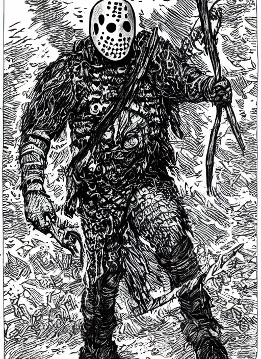Image similar to jason voorhees as a D&D monster, full body, pen-and-ink illustration, etching, by Russ Nicholson, DAvid A Trampier, larry elmore, 1981, HQ scan, intricate details, Monster Manula, Fiend Folio