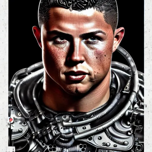 Image similar to ultra realist intricate detailed pin - up painting of ronaldo nazario as a single rugged cyborg male, and cyborg tech on body and legs, symmetry accurate features, cyberpunk, industrial, apocalyptic, very intricate details, focus, high resolution, 8 k resolution, dramatic lighting, artstyle hiraku tanaka, award winning