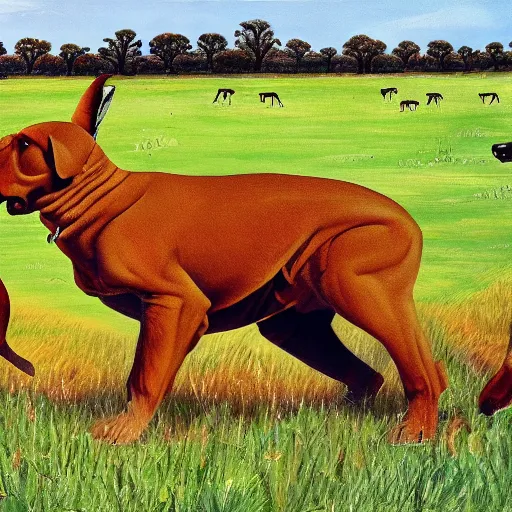 Image similar to boerboel in a field chasing a kangaroo, detailed, intricate
