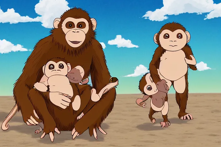 Image similar to high definition illustration of a monkey holding its baby in its lap, while walking along the beach, studio ghibli style, highly detailed, fun,