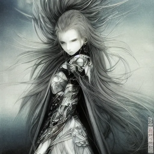 Image similar to yoshitaka amano blurred and dreamy illustration of an anime girl with wavy white hair and cracks on her face wearing elden ring armour with the cape fluttering in the wind, abstract black and white patterns on the background, noisy film grain effect, highly detailed, renaissance oil painting, weird portrait angle