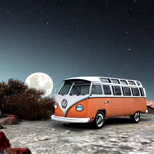 Image similar to realistic sci - fi high detailed photo of vw bus in moon crater