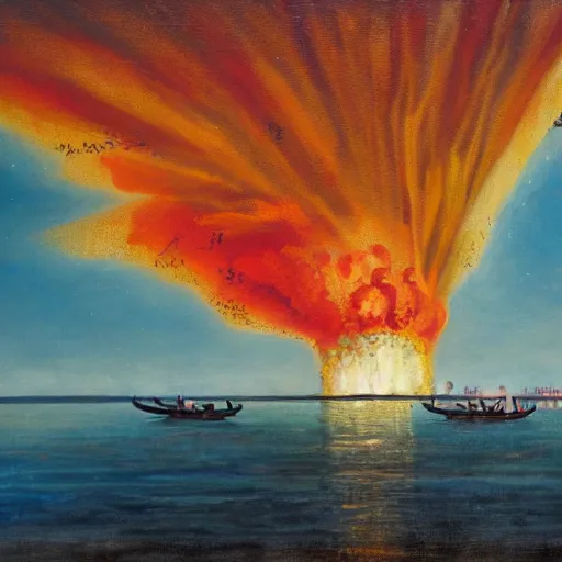 Image similar to a 1 8 th painting of a nuclear explosion in venice