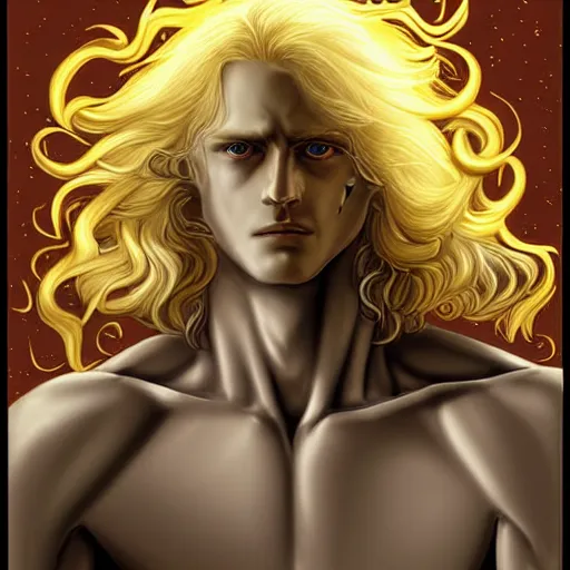 Image similar to digital art of a pale menacing male Cyborg Angel of Battle with fluffy blond curls of hair and piercing eyes, ascending to godhood blessed by the sun, bathed in scintillating radiance, johan liebert mixed with Dante, central composition, he commands the fiery power of resonance and wrath, very very long blond curly hair, baroque curls, by WLOP, Artstation, CGsociety