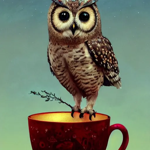 Prompt: long shot of a very cute young owl sitting in very beautiful cup, by esao andrews, by james jean, marc simonetti, by victo ngai, humorous illustration, hyperrealistic, big depth of field, fresh colors, dim light, 3 d octane render conceptart, 4 k, hyperdetailed, trending on artstation