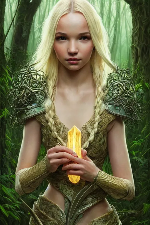 Prompt: carved bone cottagecore mage blonde braided hair dove cameron wearing bone armor in the forest, green plants, fantasy character portrait, ultra realistic, intricate, elegant, highly detailed, digital painting, artstaion, smooth, sharp, focus, illustration, art by artgerm and greg rutkowski and alphonse mucha