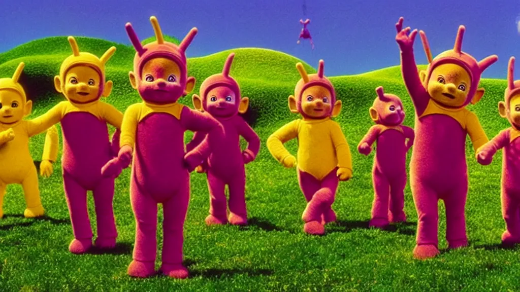 Image similar to Teletubbies performing cult sacrifice on sunny green hills, film still from the movie directed by Denis Villeneuve with art direction by Zdzisław Beksiński, wide lens