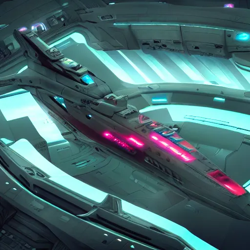 Image similar to Futuristic spaceship, battleship, neon glow, Scifi, Artstation, 8k, illustration
