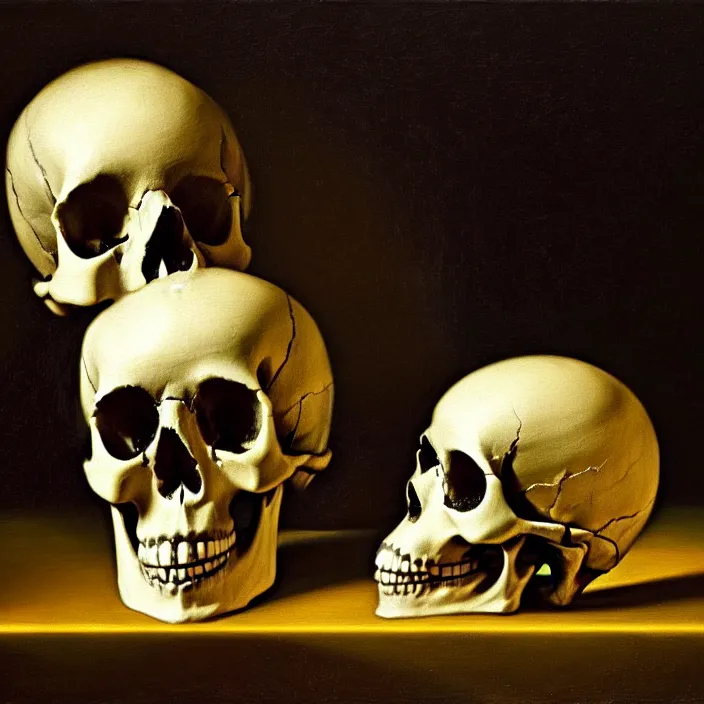 Image similar to still life painting of a skull with neon glowing crystal eyes, surrounded by various crystals, by pieter claesz, oil on canvas, strong lighting, highly detailed, hyper realism, golden hour, god rays, hd, 4 k