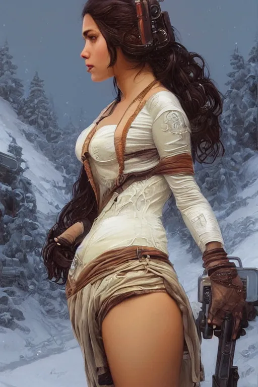 Image similar to ultra realistic illustration, snowy, beautiful brown woman, hacknaut cyberpunk, sci - fi, fantasy, intricate, elegant, highly detailed, digital painting, artstation, concept art, smooth, sharp focus, illustration, art by artgerm and greg rutkowski and alphonse mucha