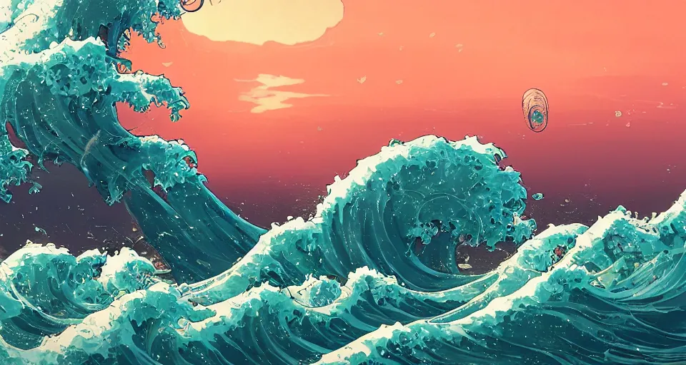 Prompt: A very beautiful serene coastal landscape scene with a GIANT MECHA JELLYFISH looming in the distance, bright sunny, the great wave of kanagawa, waves splashing on the beach, Hokusai, Translucent rendered by simon stålenhag, rendered by Beeple, Makoto Shinkai, syd meade, environment concept, digital art, starwars, unreal engine, 3 point perspective, WLOP, trending on artstation, low level, 4K UHD image, octane render,