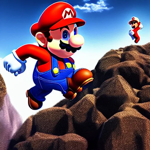 Prompt: Mario is ascending, photorealistic, desolate, terrifying, weird, strange, odd, uncanny, hyper realism, highly detailed, photorealism, smooth gradients, high contrast, photorealistic