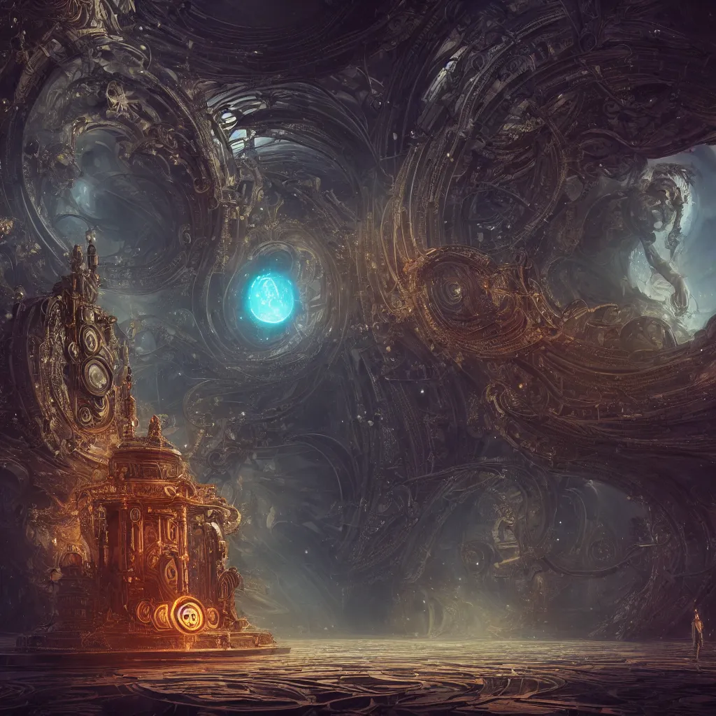 Image similar to digital time machine in latent space, mechanical fantasy, intricate, elegant, highly detailed, digital painting, concept art, smooth, sharp focus, illustration, divine realm of gods, realistic cinematic style, filmed in 70mm, volumetric lighting, octane render, photographic, concept art, artist Leonardo DaVinci, unreal engine 8k