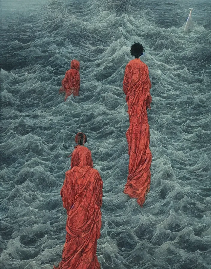 Image similar to worshippers in robes belonging to the cult of the lighthouse standing in waves, a lighthouse, high detailed Beksinski painting, part by Adrian Ghenie and Gerhard Richter and Ian Miller. art by Takato Yamamoto. masterpiece, deep colours, blue