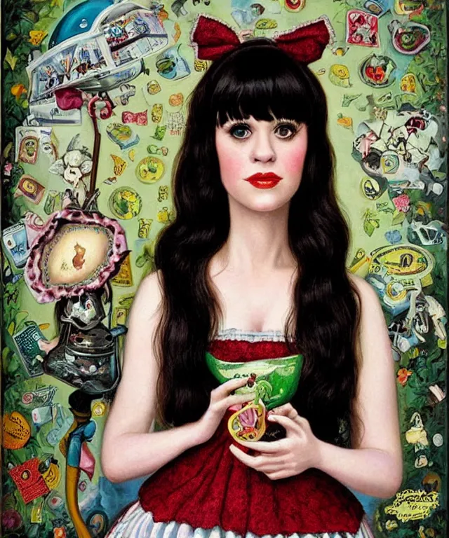 Prompt: portrait of Zooey Deschanel in wonderland, lowbrow painting by Mark Ryden