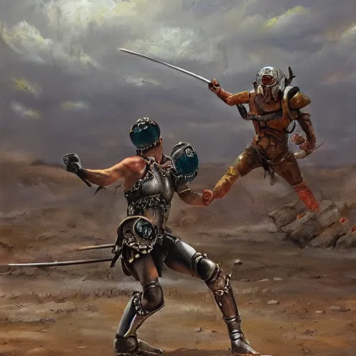 Prompt: Oil painting of an apocalyptic gladiator duel, sci-fi, wasteland