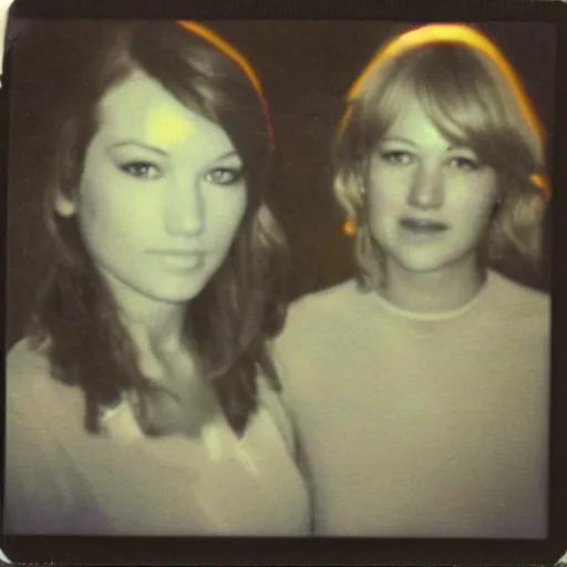 Image similar to found polaroid of my parents who look exactly like Taylor Swift and Jennifer Lawrence