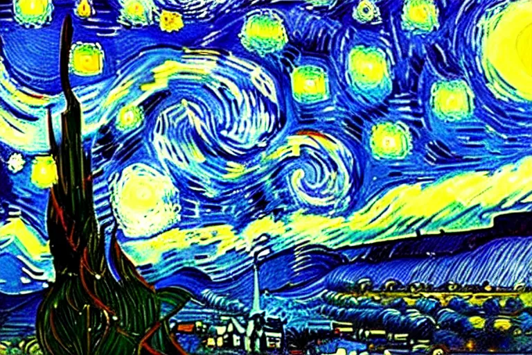 Prompt: starry night by van gogh made of colorful bismuth