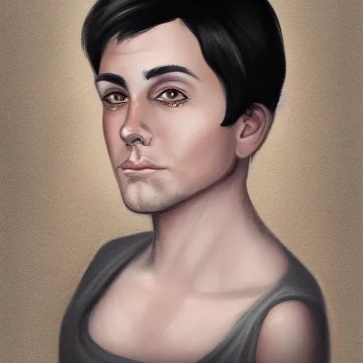 Prompt: a digital portrait of a 31 year old with black hair,hazel green eyes, drawn in the style of mark Arian