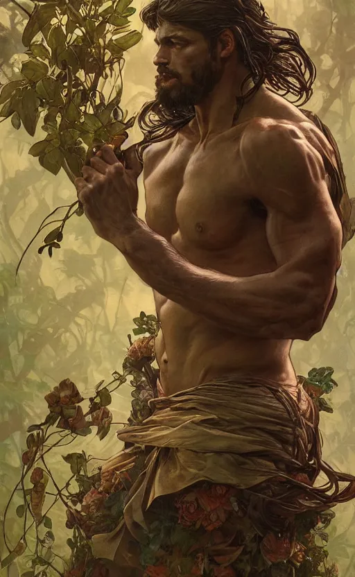 Image similar to god of the forest, rocksteady, rugged, handsome, male, detailed face, clean lines, atmospheric lighting, amazing, full body, thighs, flowers, muscular, intricate, highly detailed, digital painting, deviantart, concept art, sharp focus, illustration, art by greg rutkowski and alphonse mucha