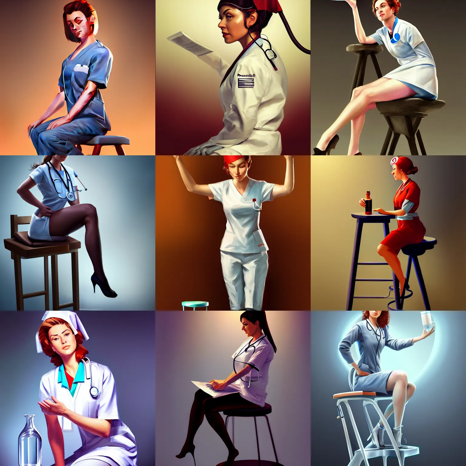 Prompt: portrait of a nurse on a stool, expressive pose, futuristic, highly detailed, digital painting, artstation, concept art, smooth, sharp focus, by Enoch Bolles