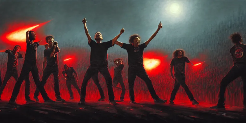 Image similar to concept art, of [ rage against the machine ] band memebers on a stage, front shot!!! humans fighting with robots behind!!, detailed, dark concept art, dark skies painting by wlop, nixeu and greg rutkowski, beautiful, semirealism, artstation, octane render, oil painting, sharpness, 8 k, golden ratio